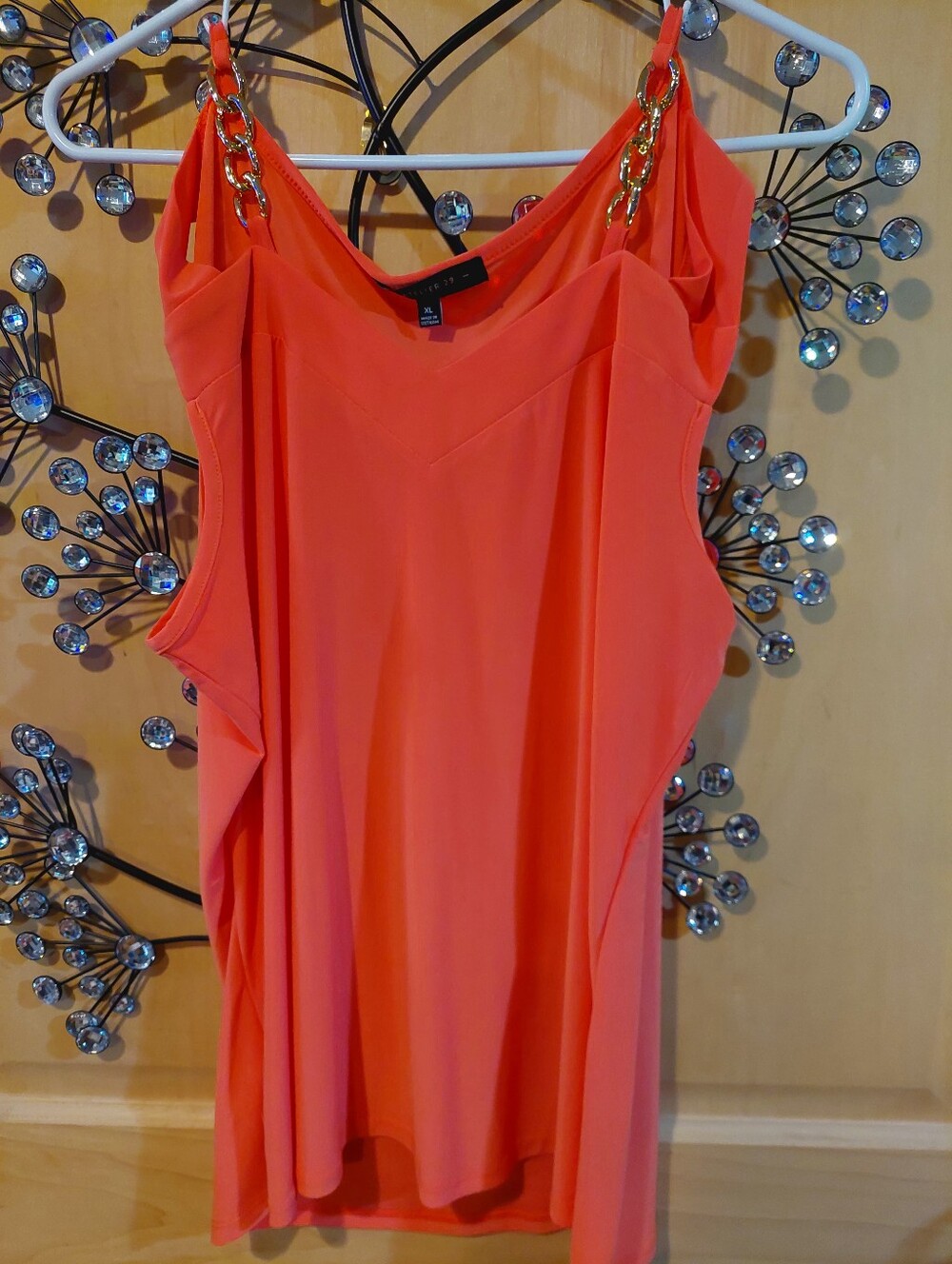 silky coral tank with gold chain straps